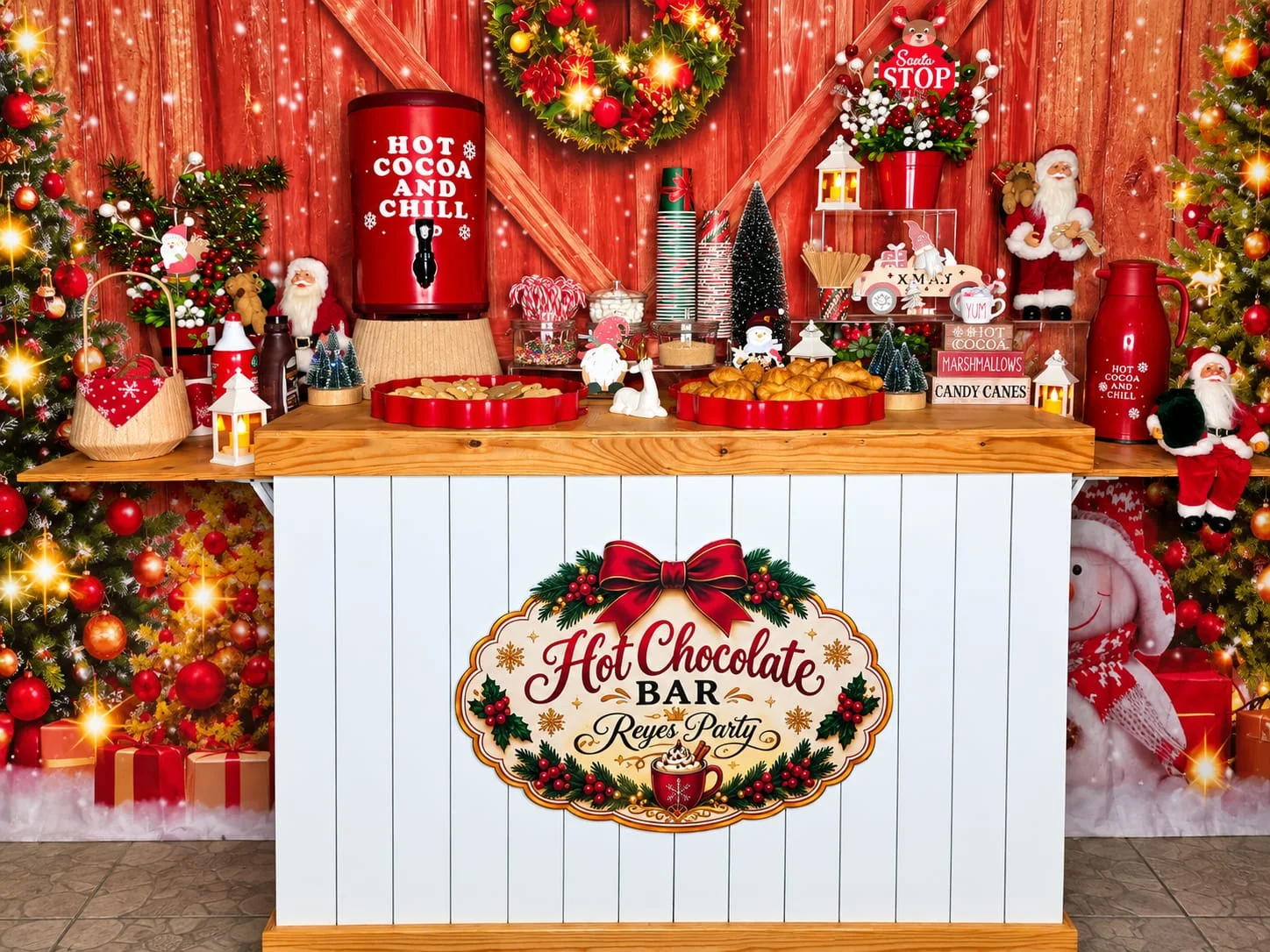 Bar de chocolate de Reyes Party con montaje navideño y bandejas de galletas y croissants