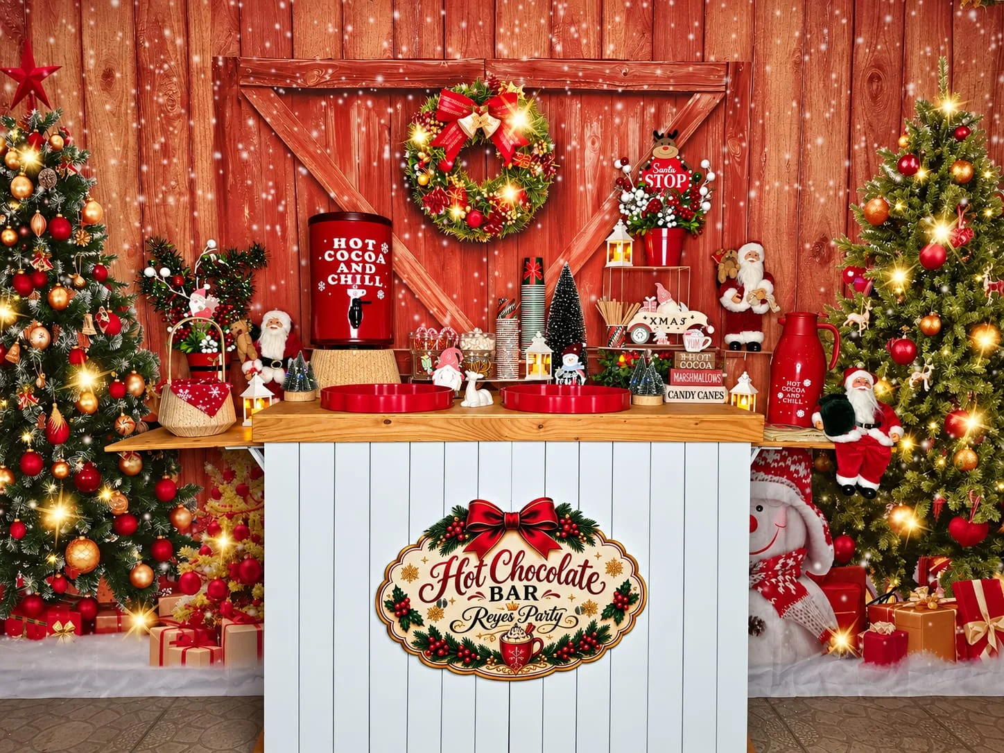 Bar de Chocolate de Reyes Party con decoración navideña, árboles y estación de chocolate caliente