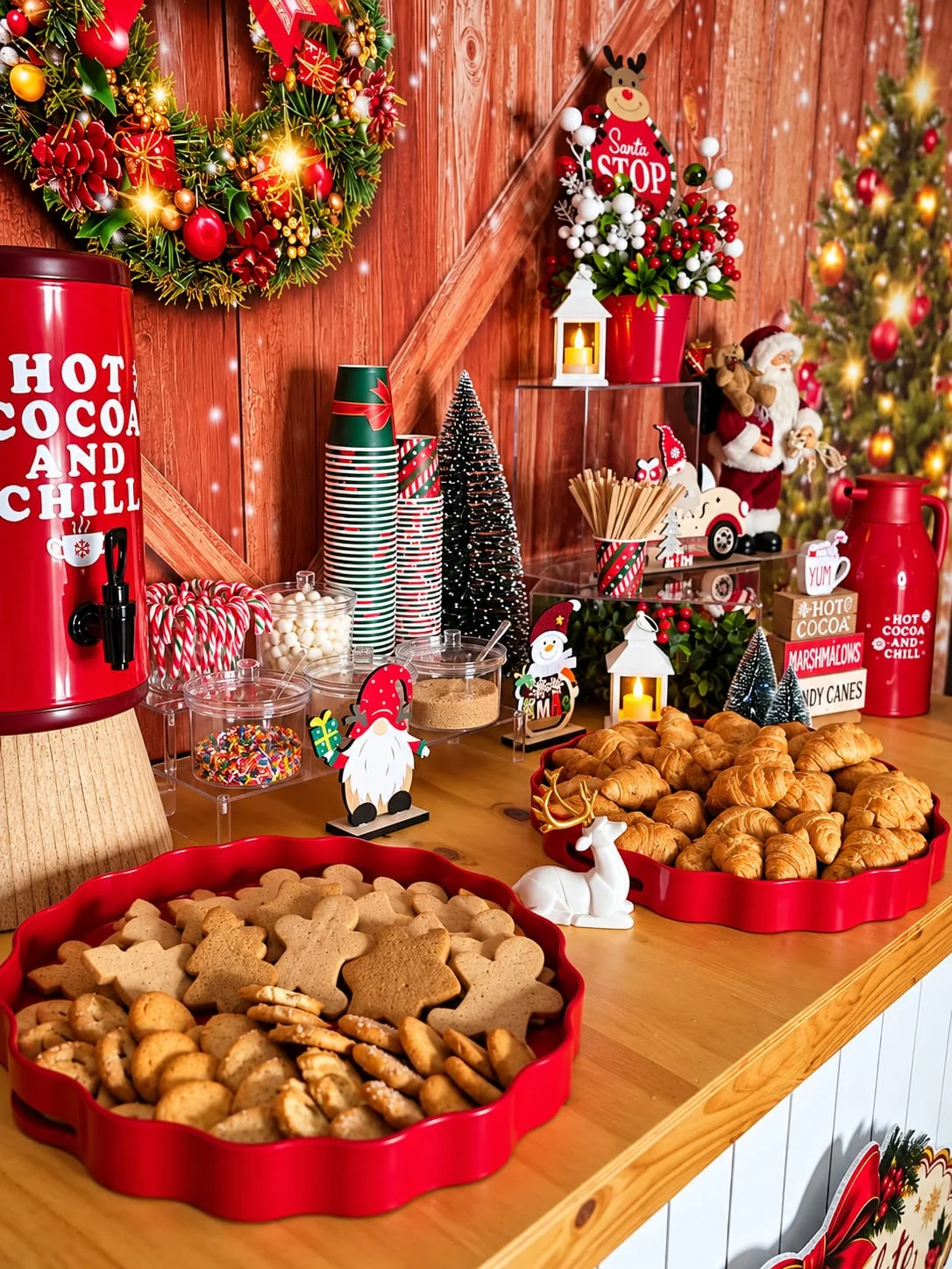 Galletas y croissants junto a la estación de chocolate caliente