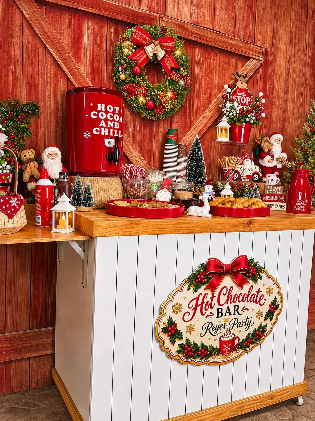 Estación de chocolate caliente decorada con corona, faroles y detalles navideños