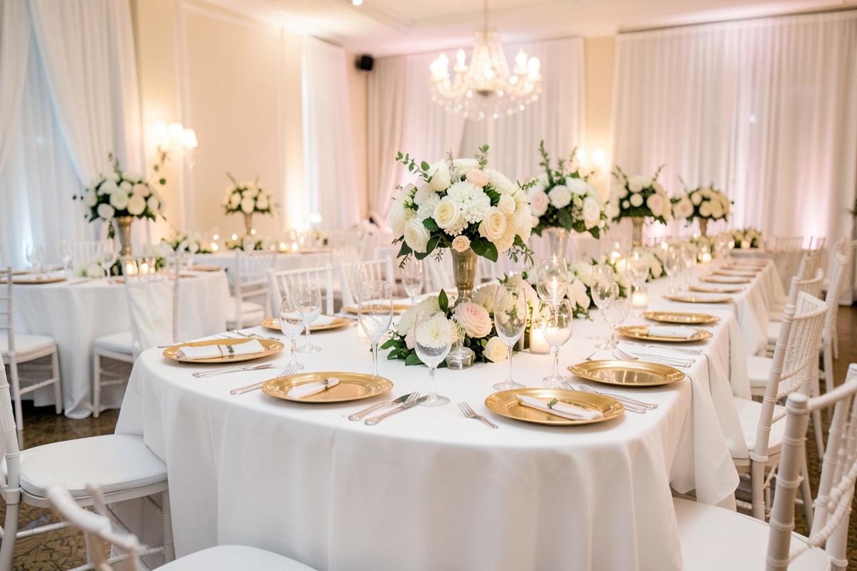 Mesas banquetas decoradas con mantelería blanca y centros de mesa