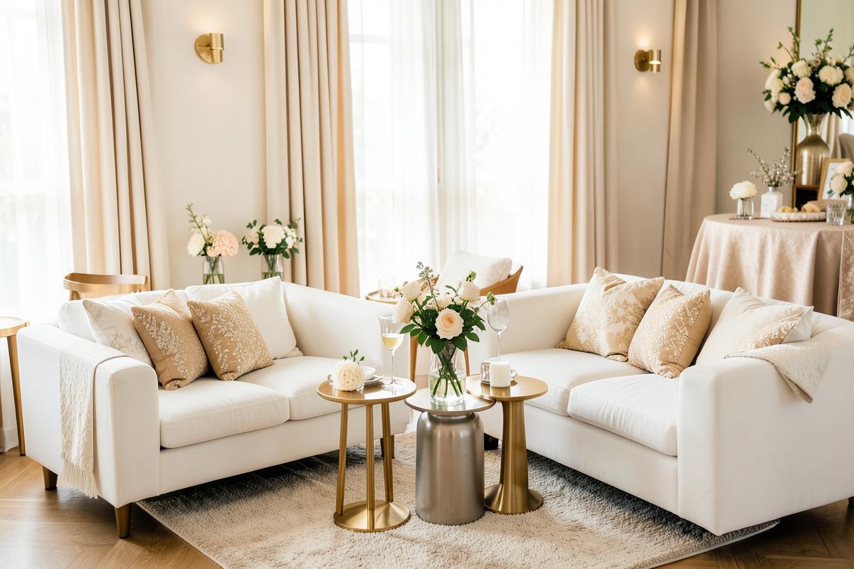 Área lounge con sofás blancos, mesas auxiliares doradas y flores