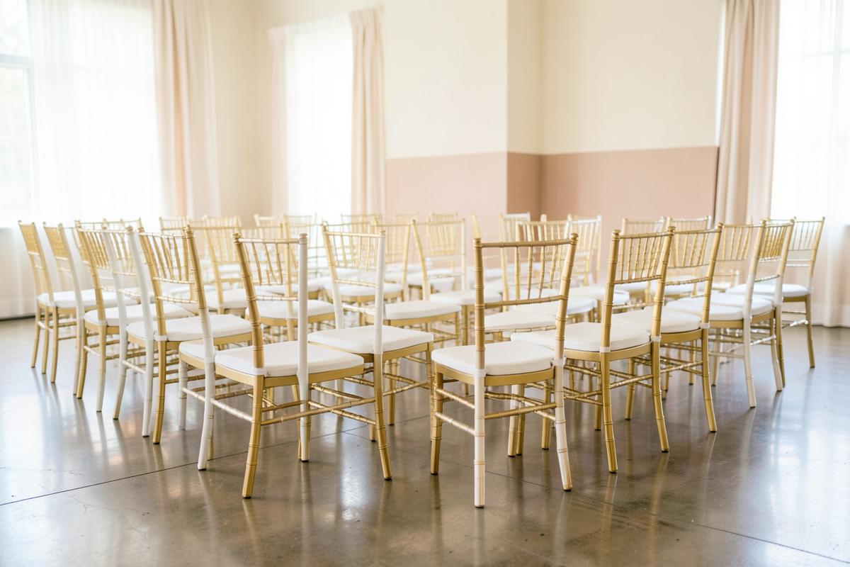 Sillas Tiffany doradas con cojín blanco para eventos elegantes